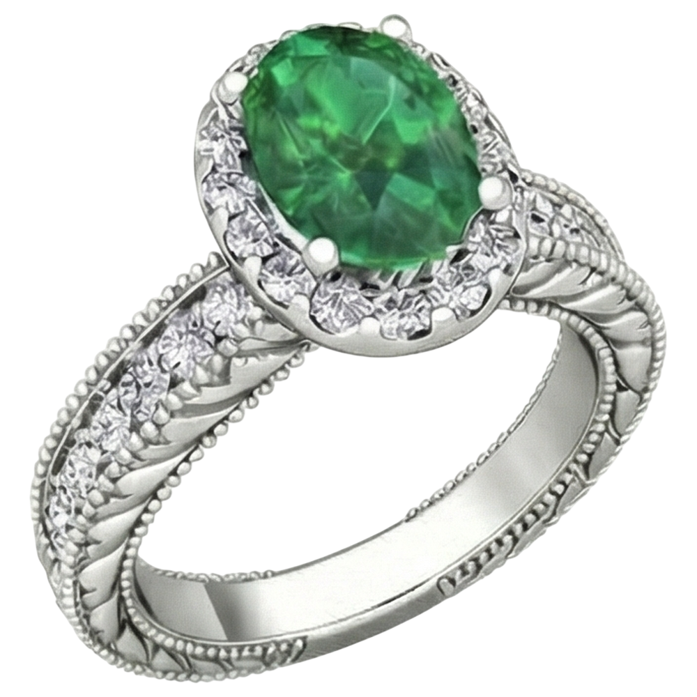 Anello in oro bianco 14 carati con diamante Verde smeraldo ovale da 3.50 carati