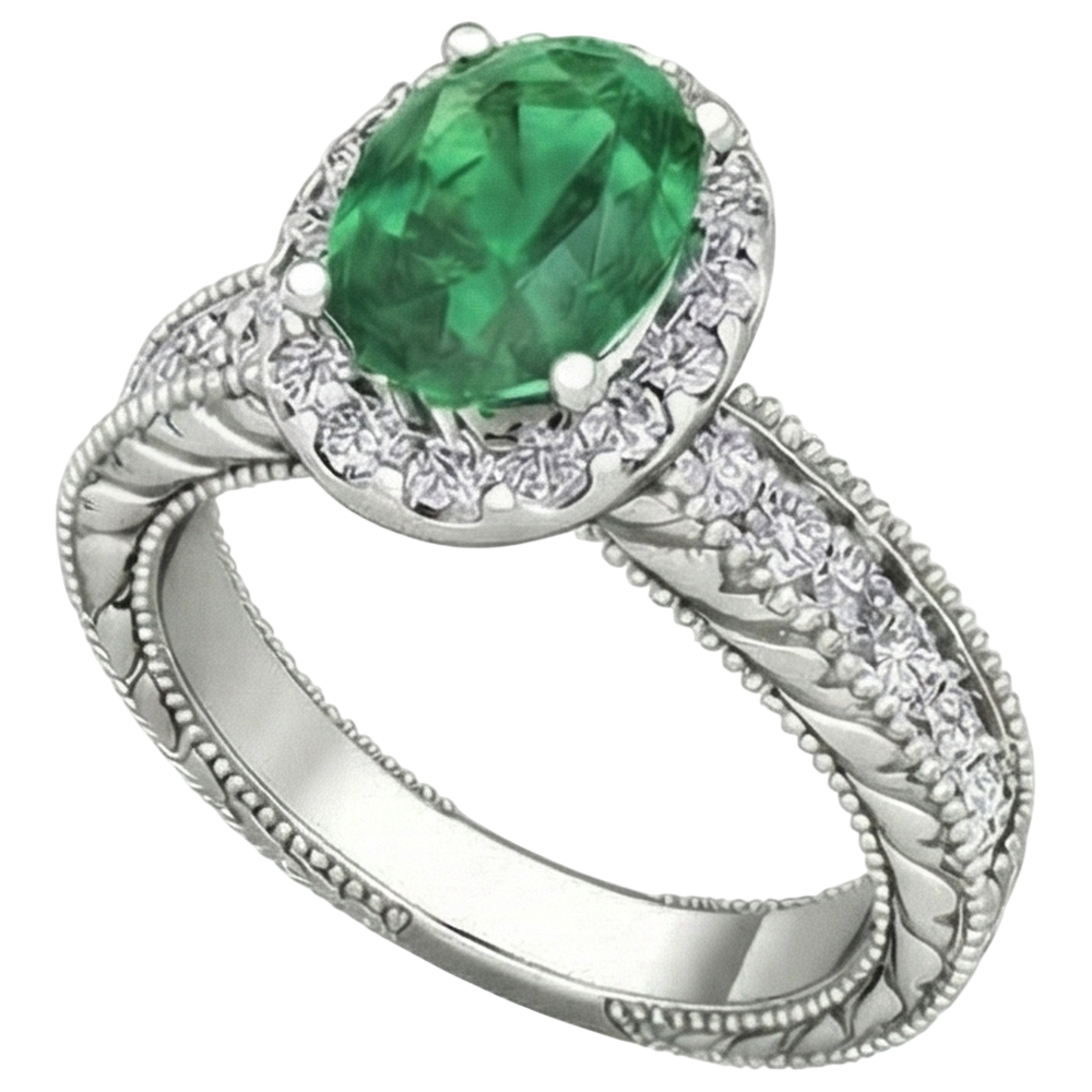 Anello in oro bianco 14 carati con diamante Verde smeraldo ovale da 3.50 carati