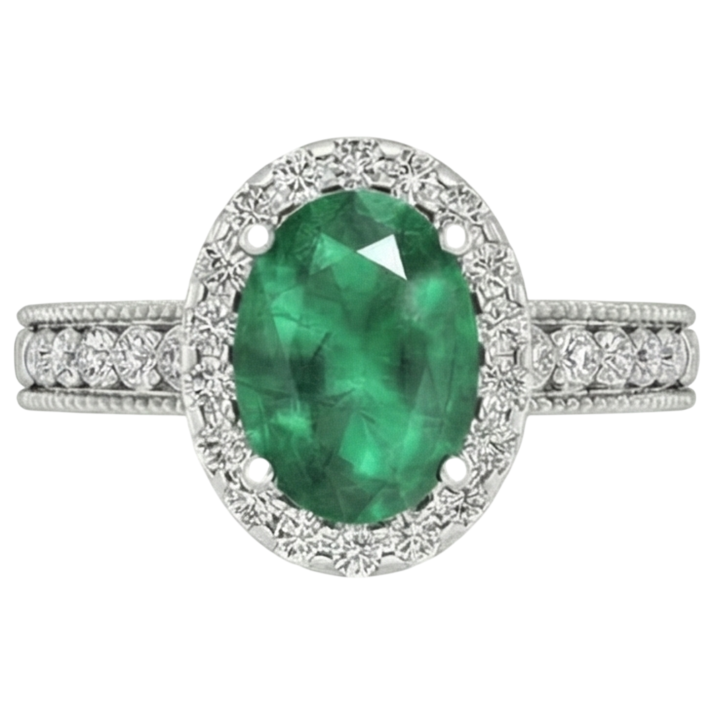 Anello in oro bianco 14 carati con diamante Verde smeraldo ovale da 3.50 carati