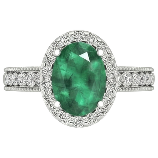 Anello in oro bianco 14 carati con diamante Verde smeraldo ovale da 3.50 carati