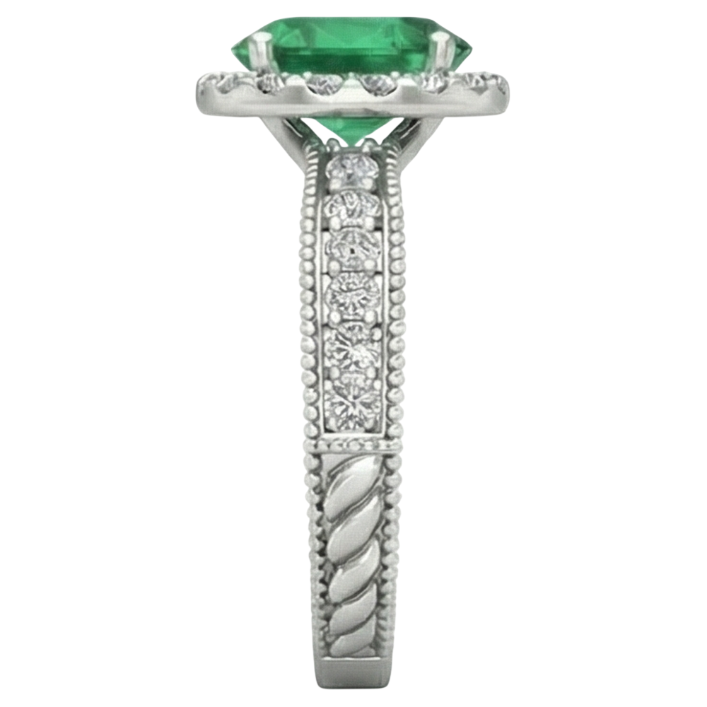 Anello in oro bianco 14 carati con diamante Verde smeraldo ovale da 3.50 carati