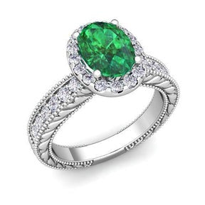 Anello in oro bianco 14 carati con diamante Verde smeraldo ovale da 3.50 carati