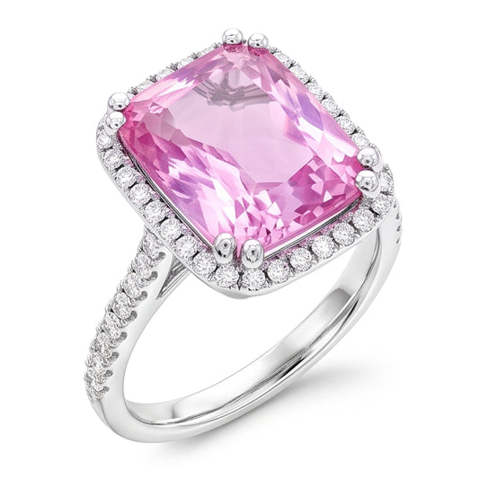 Anello in oro bianco 14 carati con kunzite a cuscino da 34.50 ct con diamanti rotondi