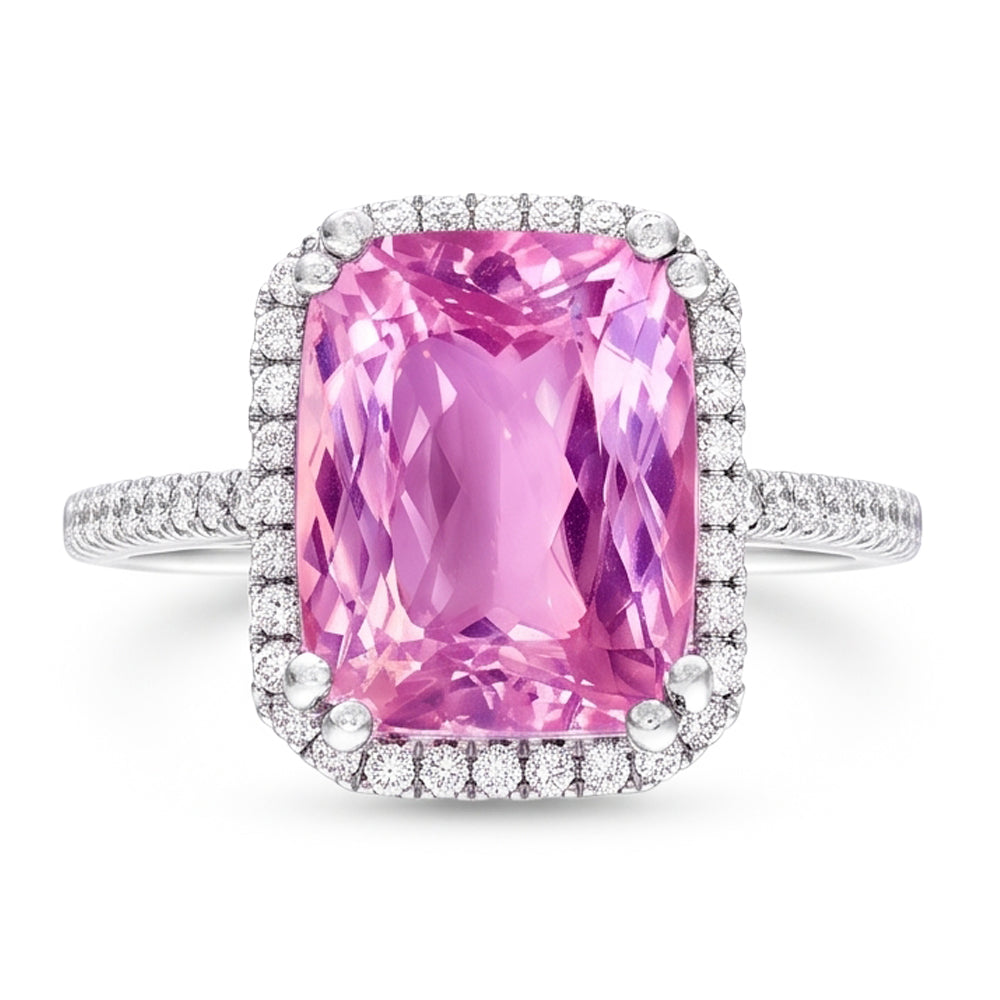 Anello in oro bianco 14 carati con kunzite a cuscino da 34.50 ct con diamanti rotondi