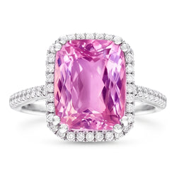 Anello in oro bianco 14 carati con kunzite a cuscino da 34.50 ct con diamanti rotondi