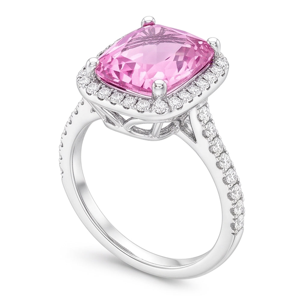 Anello in oro bianco 14 carati con kunzite a cuscino da 34.50 ct con diamanti rotondi