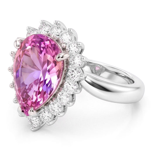 Anello in oro bianco 14 carati con kunzite a pera da 21.75 carati con diamanti rotondi
