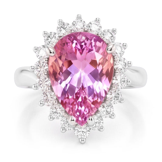 Anello in oro bianco 14 carati con kunzite a pera da 21.75 carati con diamanti rotondi
