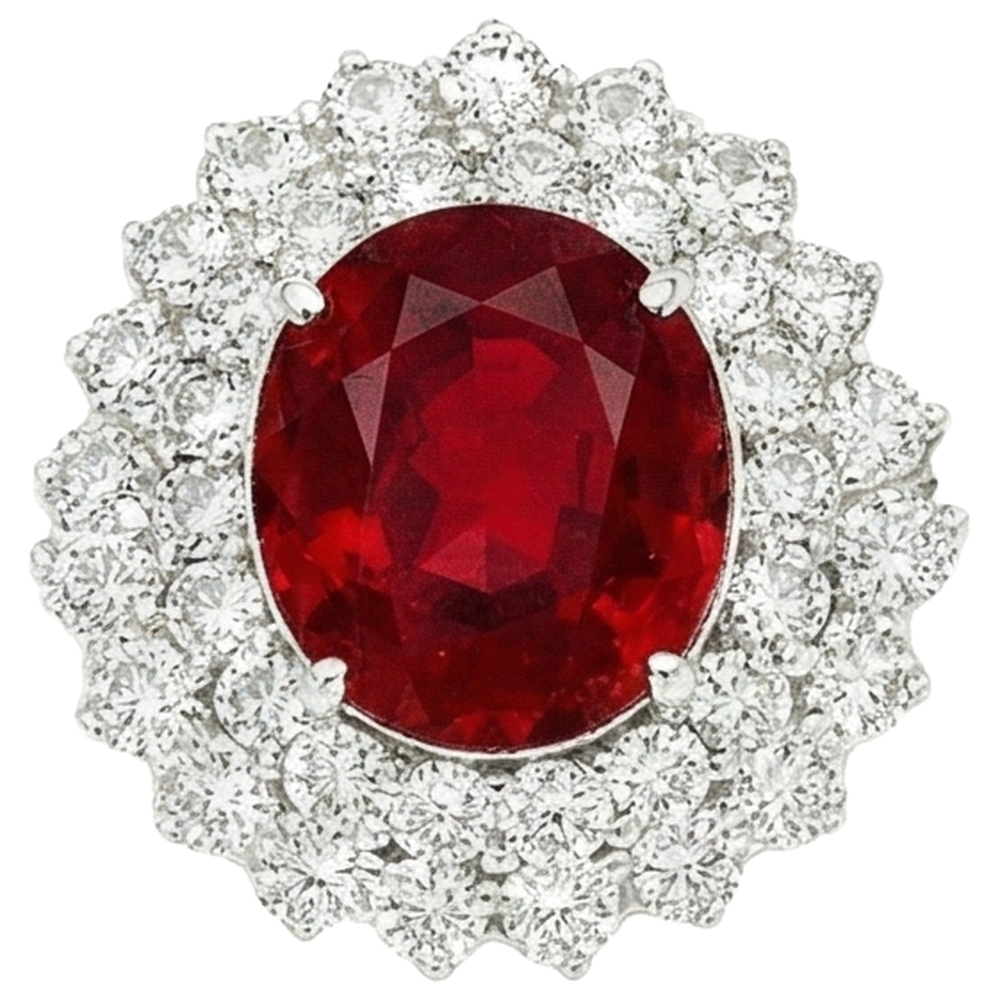 Anello in oro bianco 14 carati con rubini a taglio ovale da 6.25 ct con diamanti