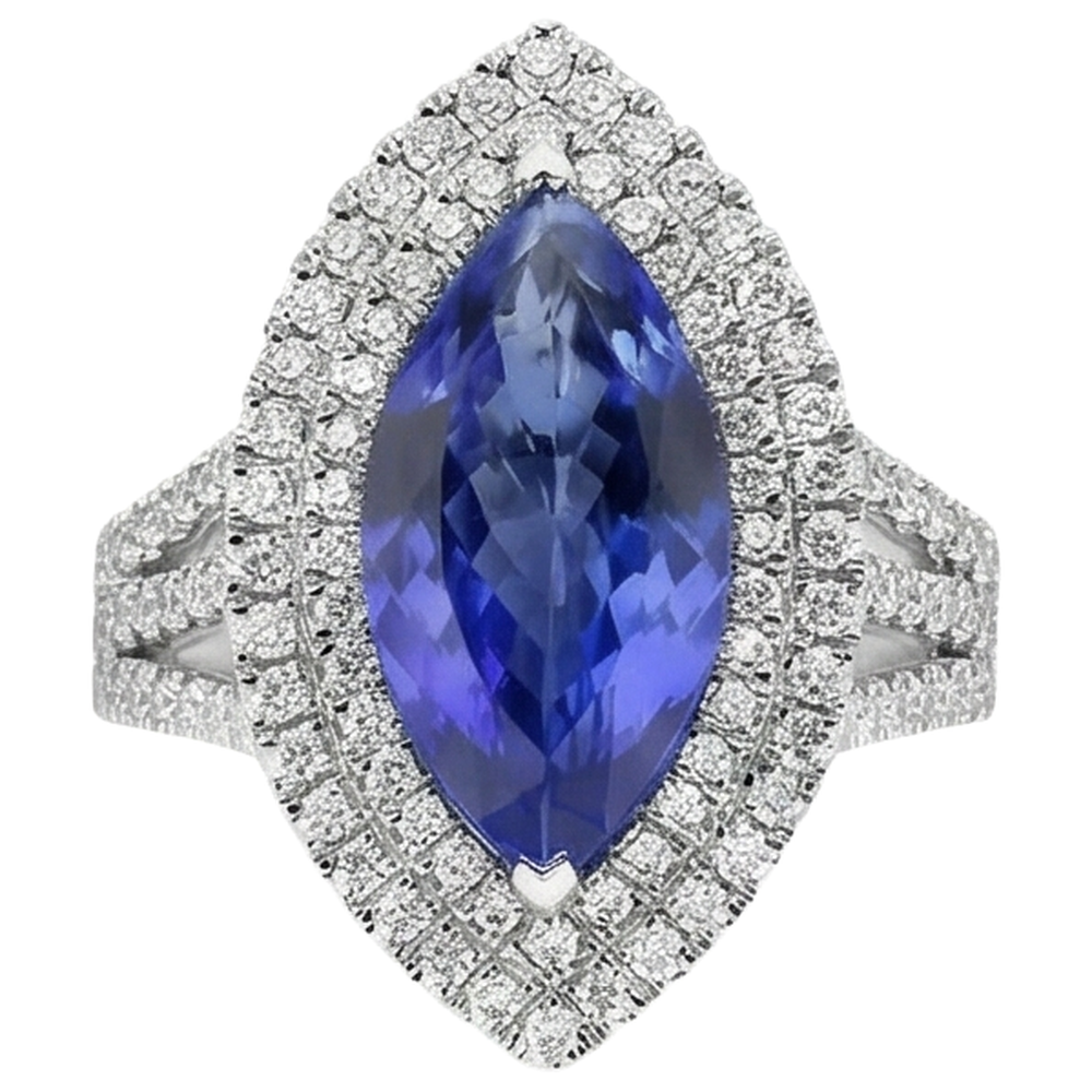 Anello in oro bianco 14 carati con tanzanite a taglio marquise e diamante da 6 ct