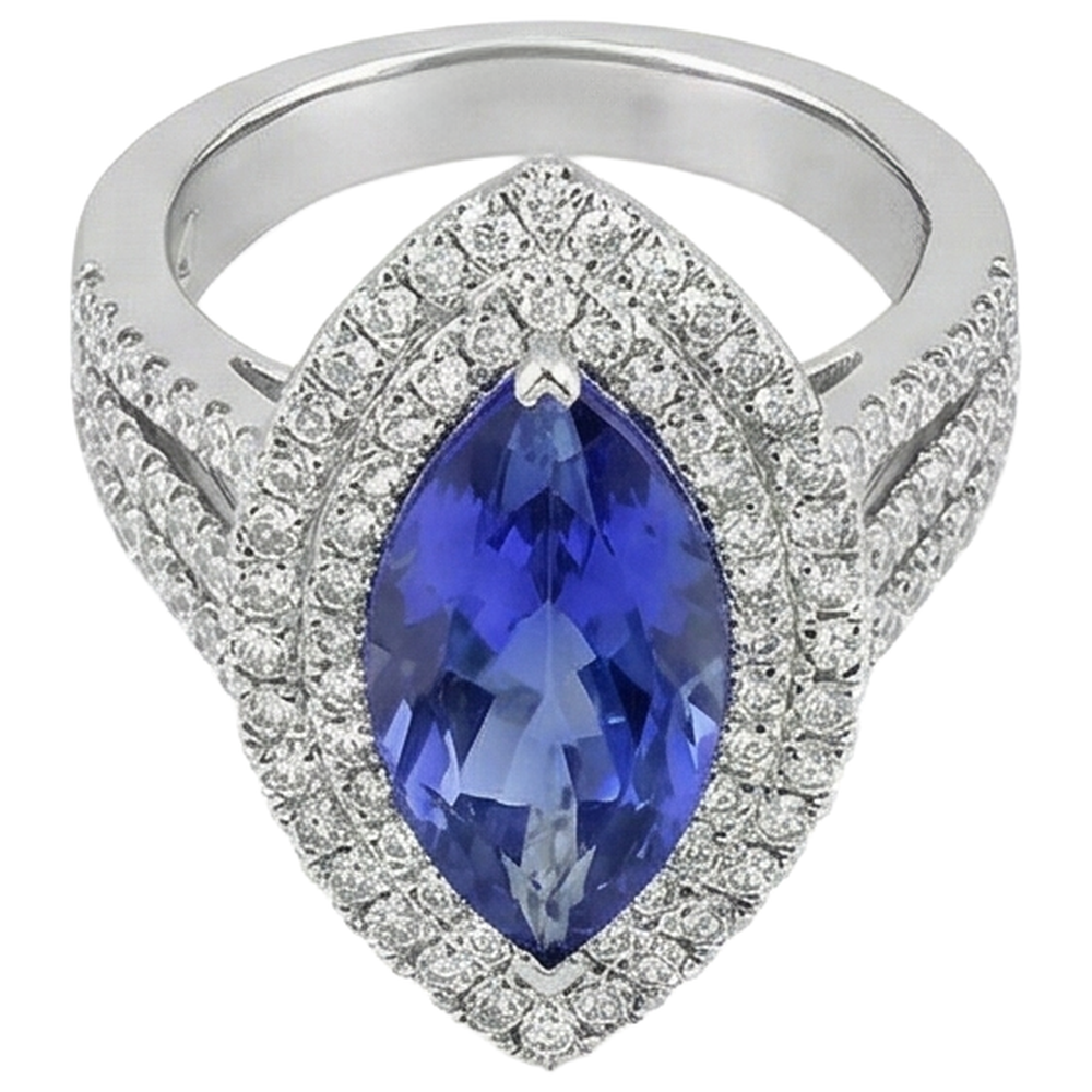 Anello in oro bianco 14 carati con tanzanite a taglio marquise e diamante da 6 ct