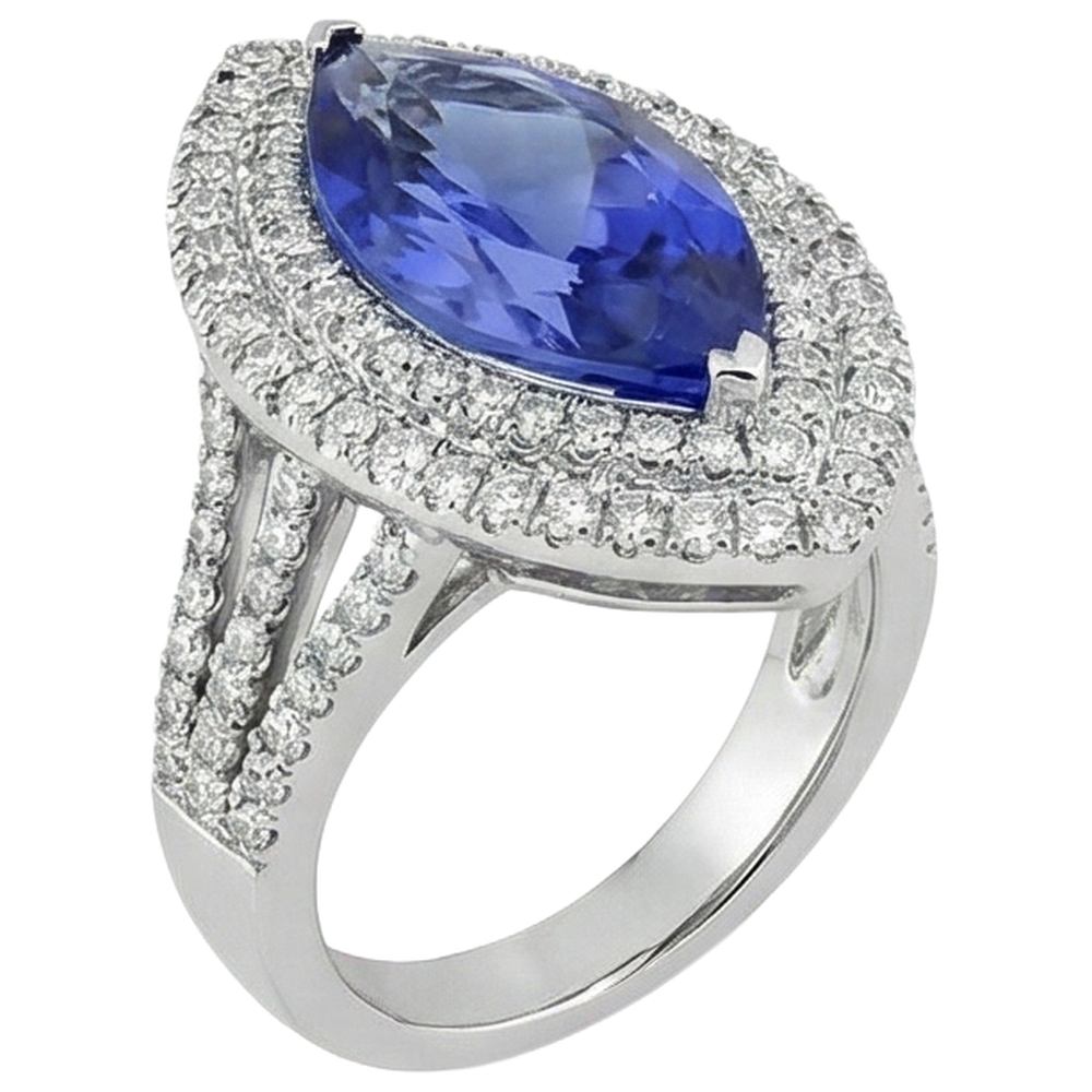 Anello in oro bianco 14 carati con tanzanite a taglio marquise e diamante da 6 ct