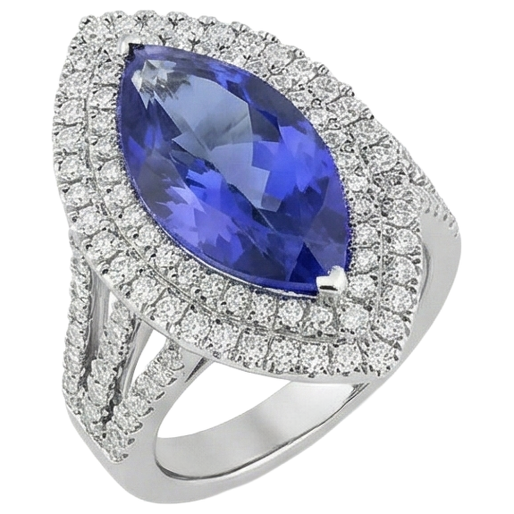 Anello in oro bianco 14 carati con tanzanite a taglio marquise e diamante da 6 ct