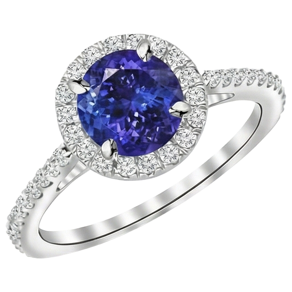 Anello in oro bianco 14 carati con tanzanite a taglio rotondo e diamanti da 9.85 ct