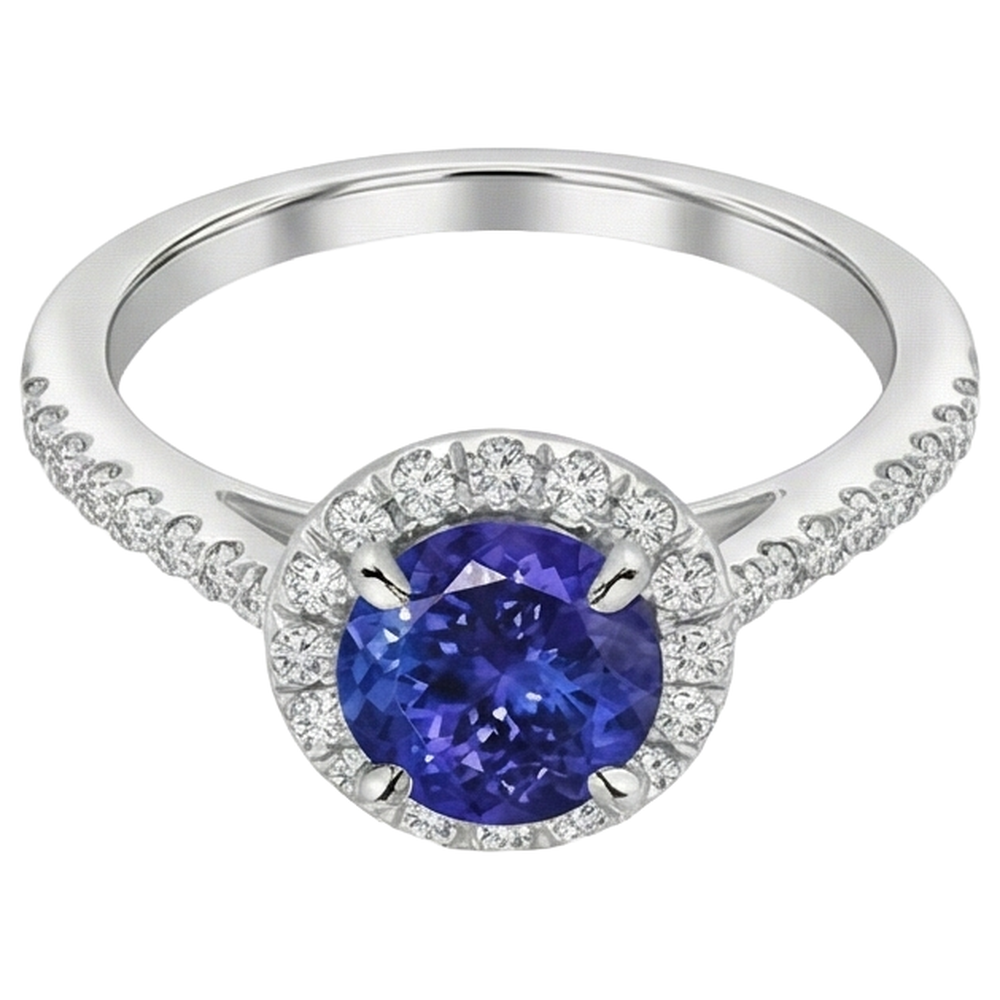 Anello in oro bianco 14 carati con tanzanite a taglio rotondo e diamanti da 9.85 ct
