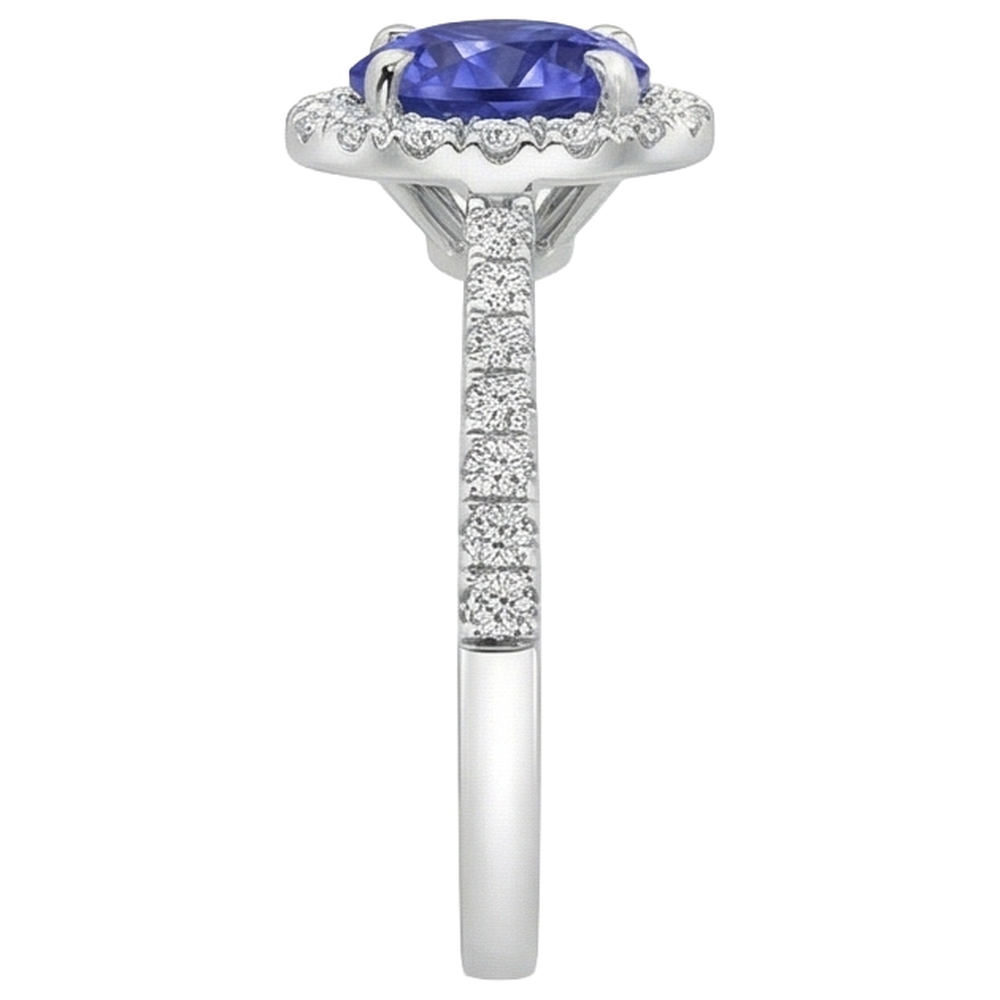 Anello in oro bianco 14 carati con tanzanite a taglio rotondo e diamanti da 9.85 ct