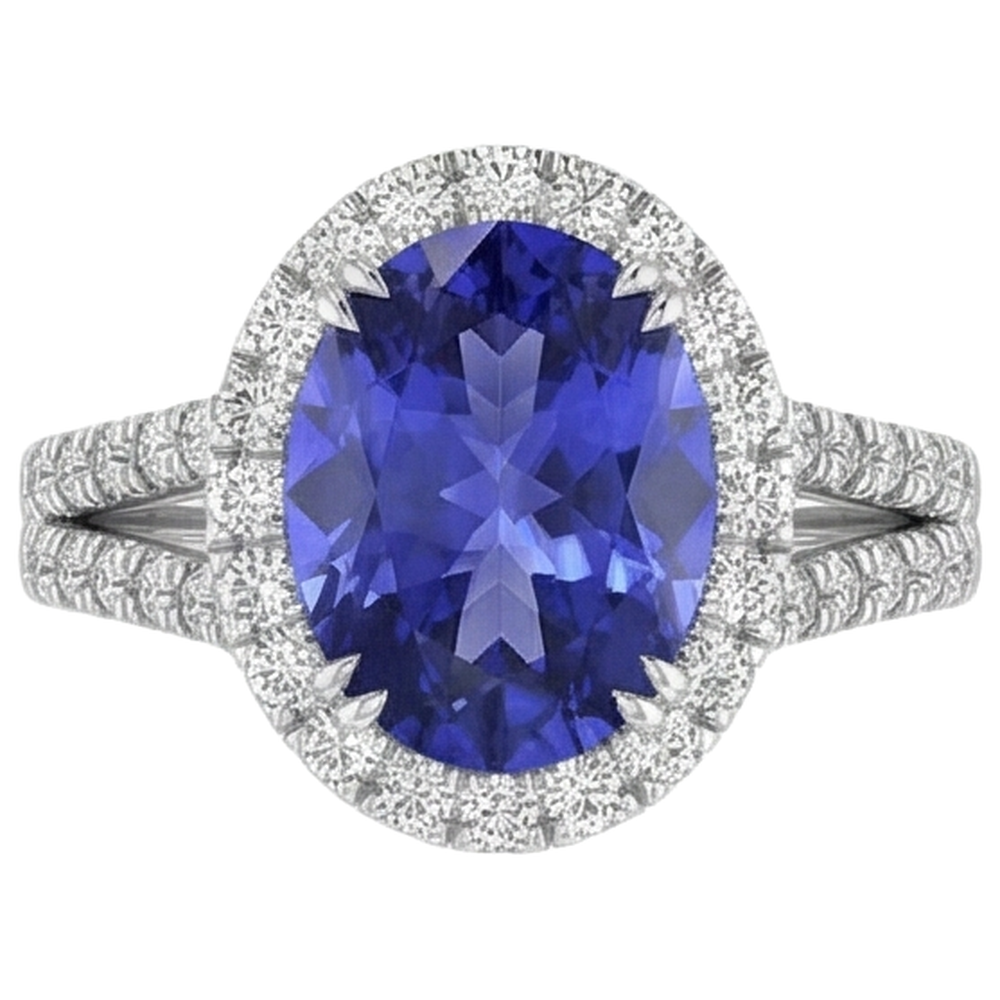 Anello in oro bianco 14 carati con tanzanite blu e diamanti da 5.25 ct