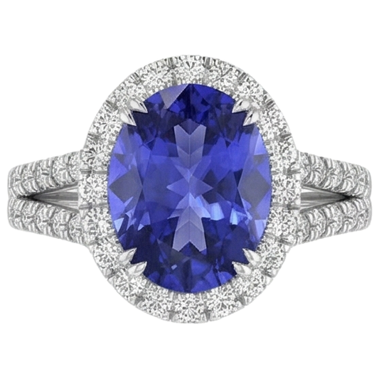 Anello in oro bianco 14 carati con tanzanite blu e diamanti da 5.25 ct