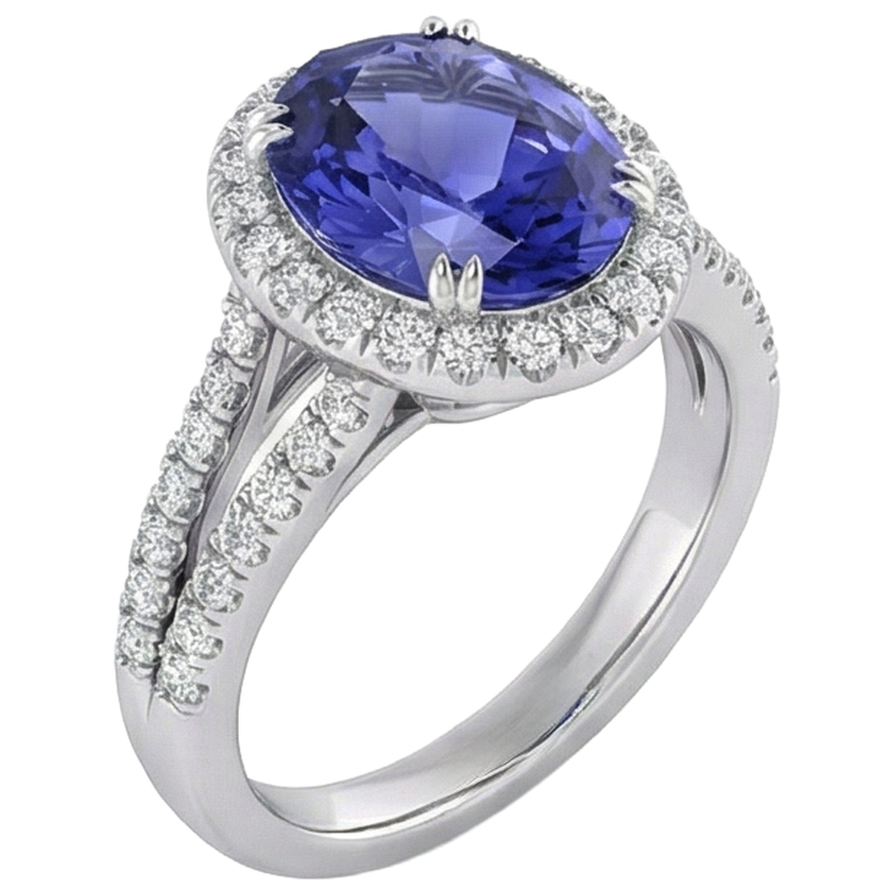 Anello in oro bianco 14 carati con tanzanite blu e diamanti da 5.25 ct