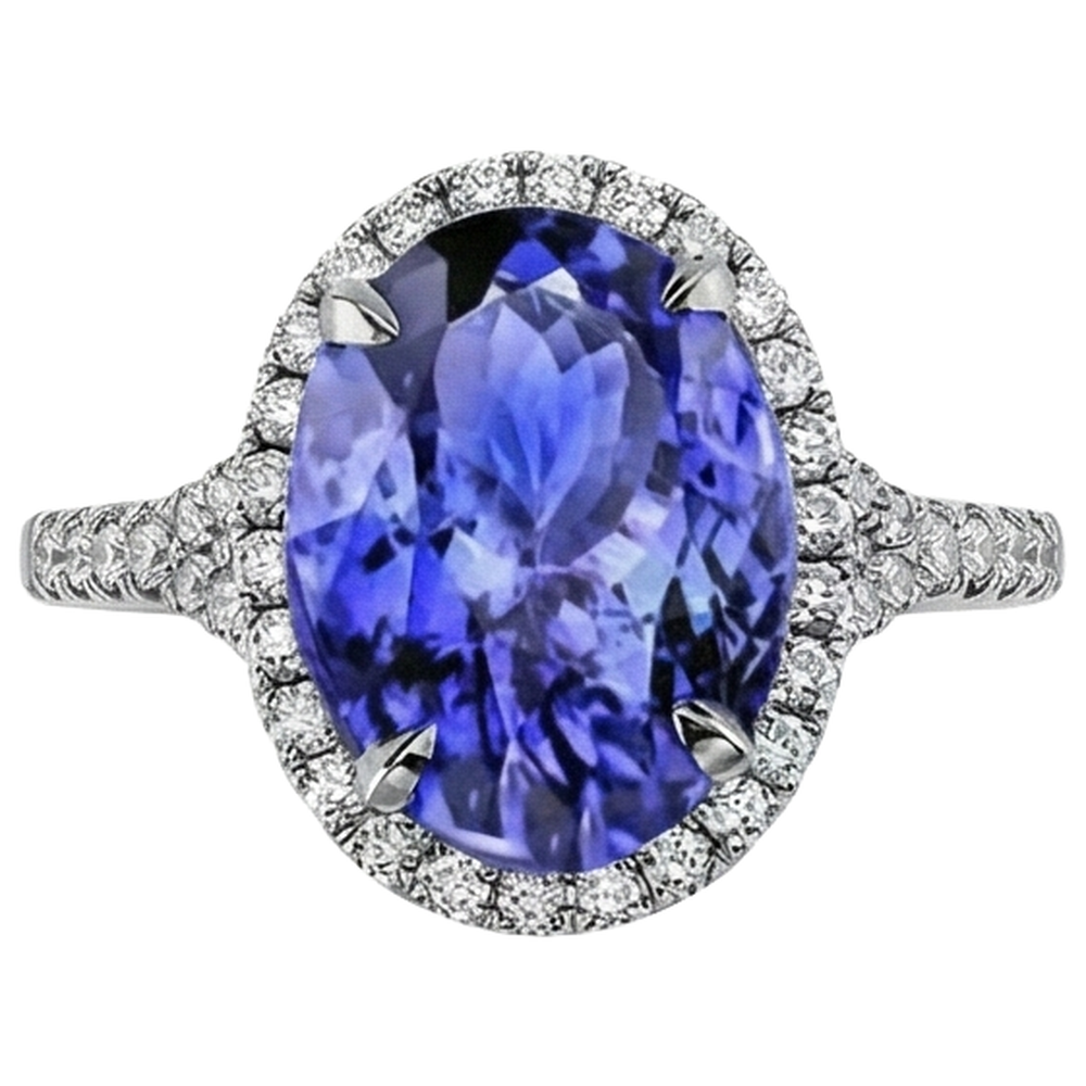 Anello in oro bianco 14 carati con tanzanite da 6.85 ct con aureola e diamanti
