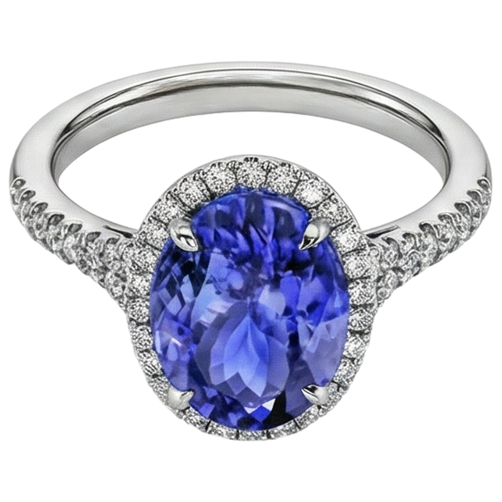 Anello in oro bianco 14 carati con tanzanite da 6.85 ct con aureola e diamanti