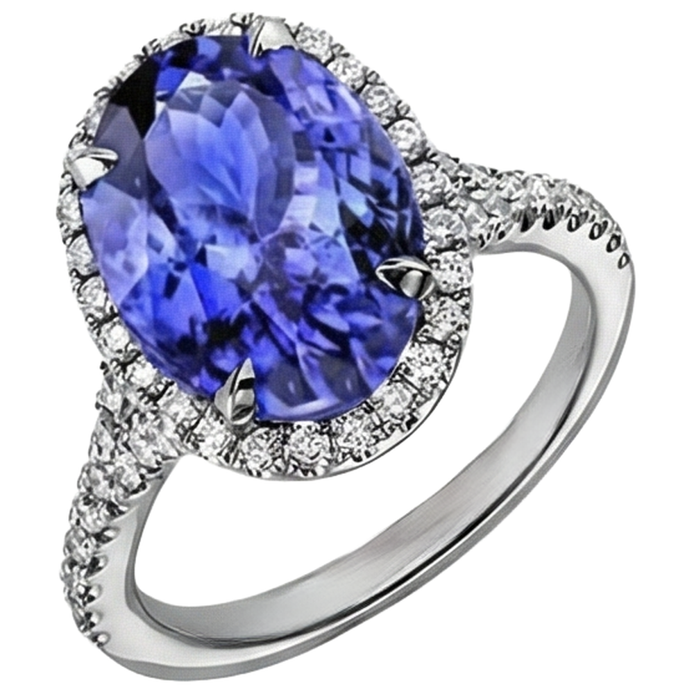 Anello in oro bianco 14 carati con tanzanite da 6.85 ct con aureola e diamanti