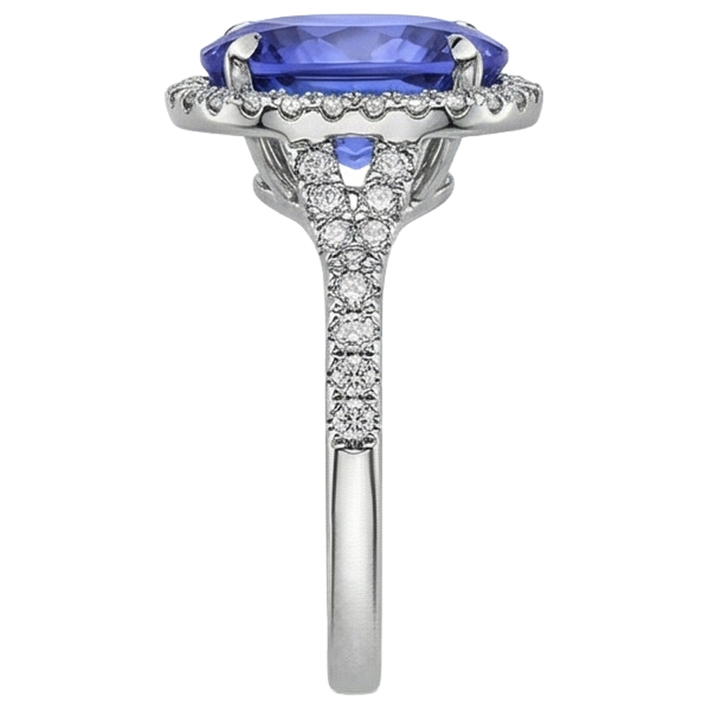 Anello in oro bianco 14 carati con tanzanite da 6.85 ct con aureola e diamanti