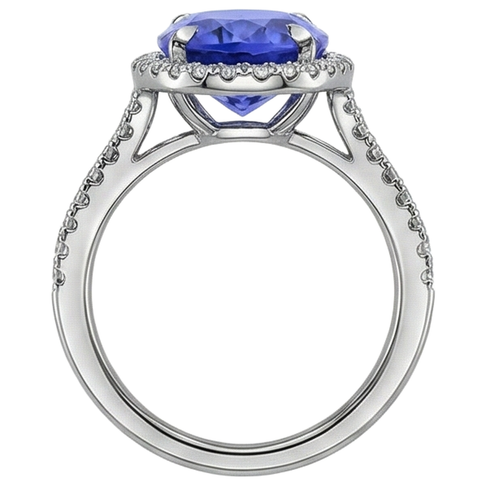 Anello in oro bianco 14 carati con tanzanite da 6.85 ct con aureola e diamanti