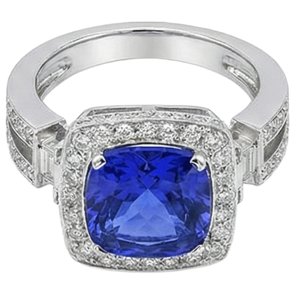 Anello in oro bianco 14 carati con tanzanite naturale con diamanti 5.40 ct