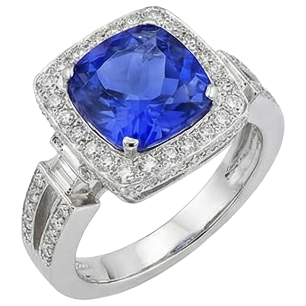 Anello in oro bianco 14 carati con tanzanite naturale con diamanti 5.40 ct