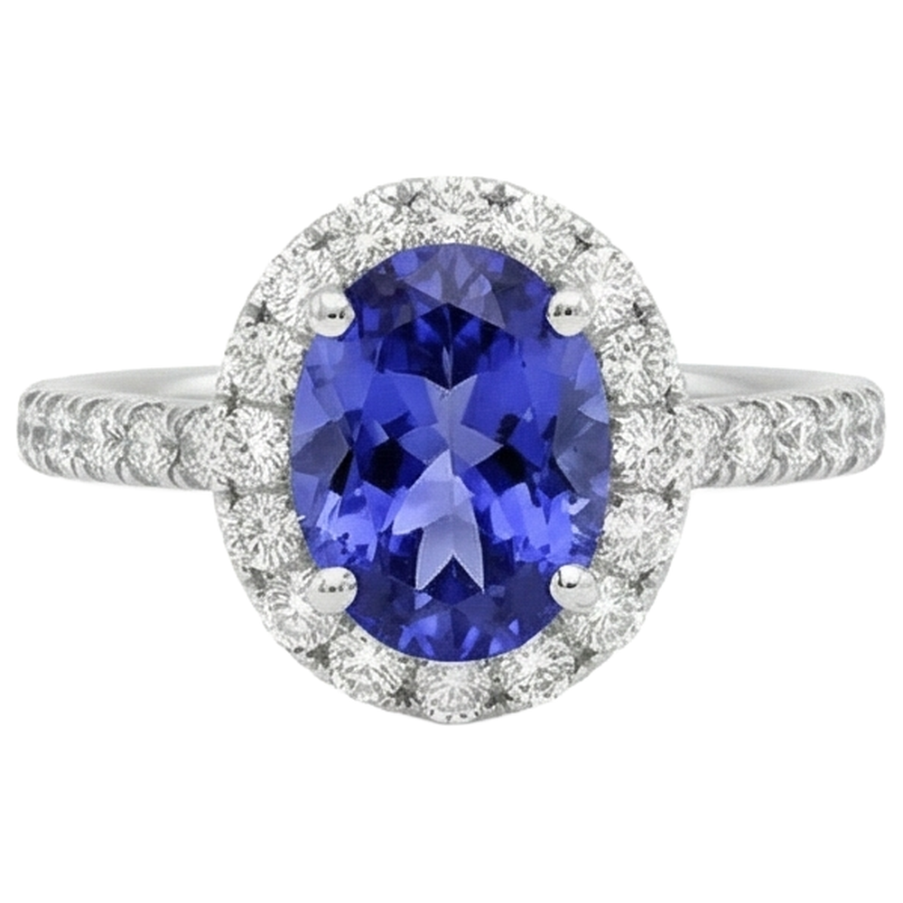 Anello in oro bianco 14 carati con tanzanite ovale da 11.25 carati con diamanti rotondi