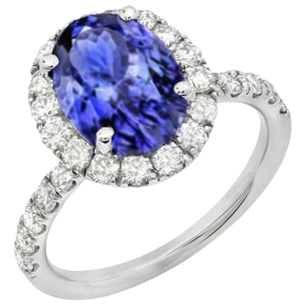 Anello in oro bianco 14 carati con tanzanite ovale da 11.25 carati con diamanti rotondi