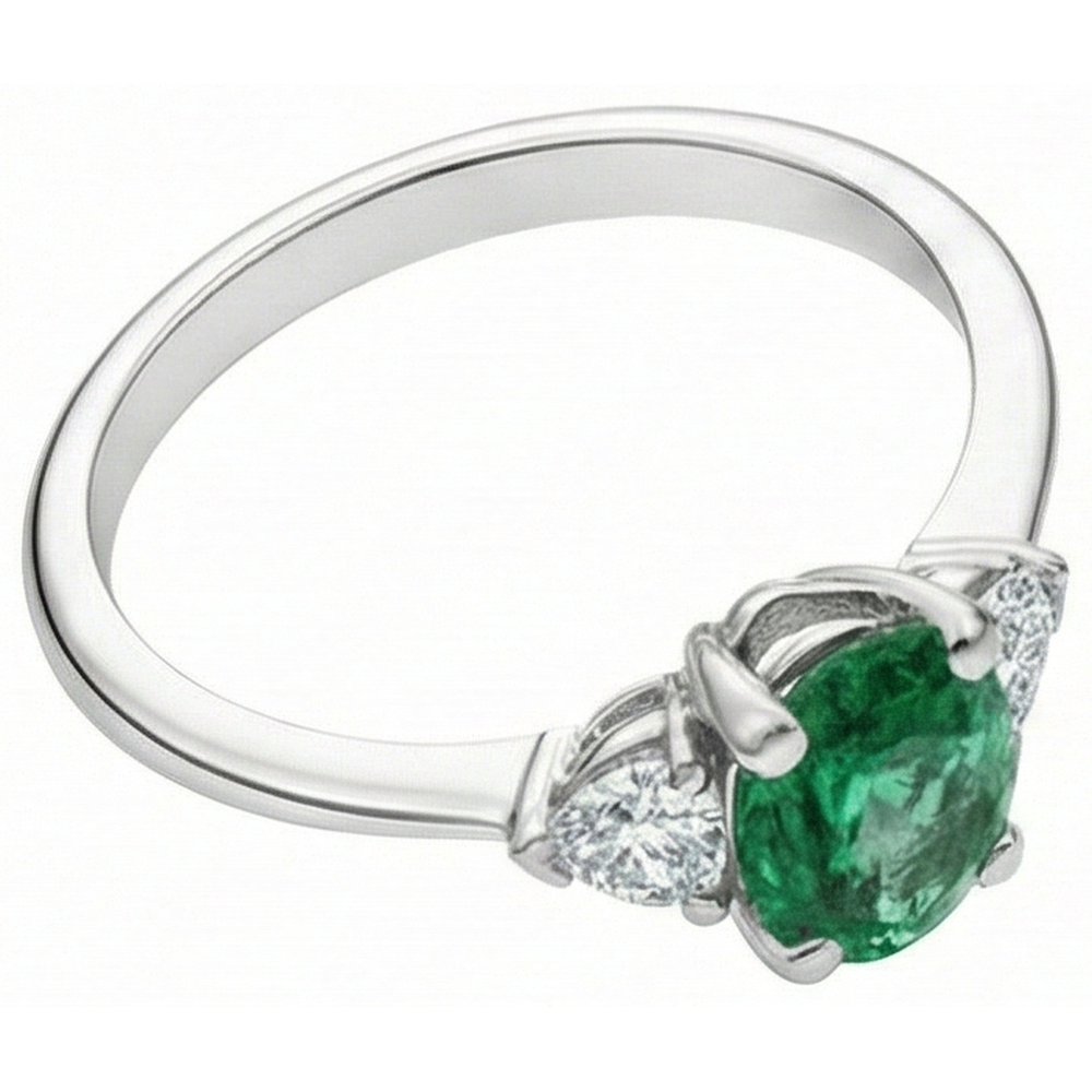 Anello in oro bianco 14 carati con tre pietre di Verde smeraldo e diamanti da 6 carati