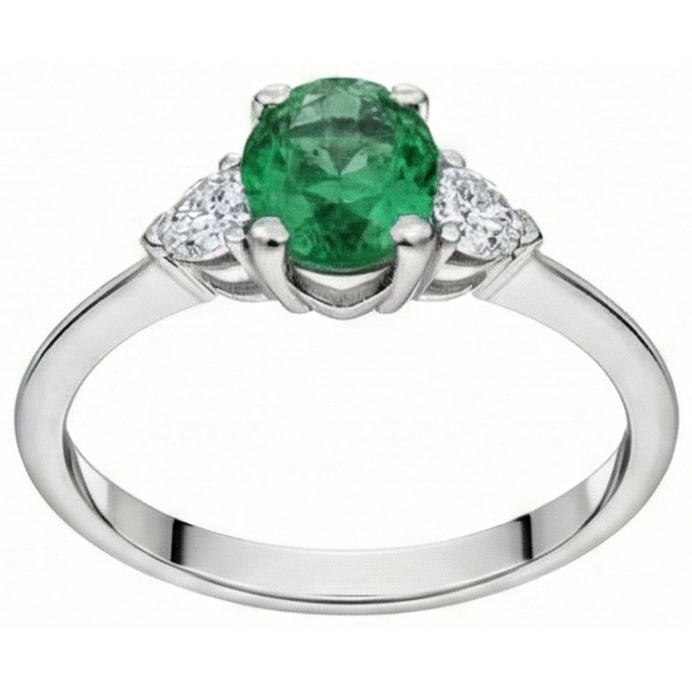 Anello in oro bianco 14 carati con tre pietre di Verde smeraldo e diamanti da 6 carati