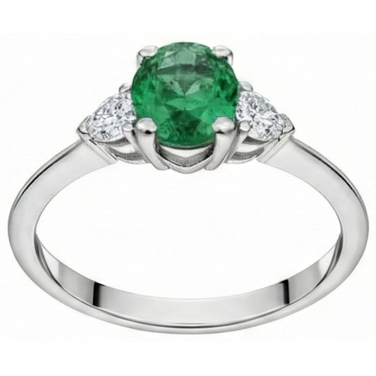 Anello in oro bianco 14 carati con tre pietre di Verde smeraldo e diamanti da 6 carati
