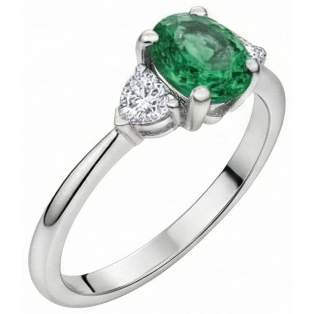 Anello in oro bianco 14 carati con tre pietre di Verde smeraldo e diamanti da 6 carati