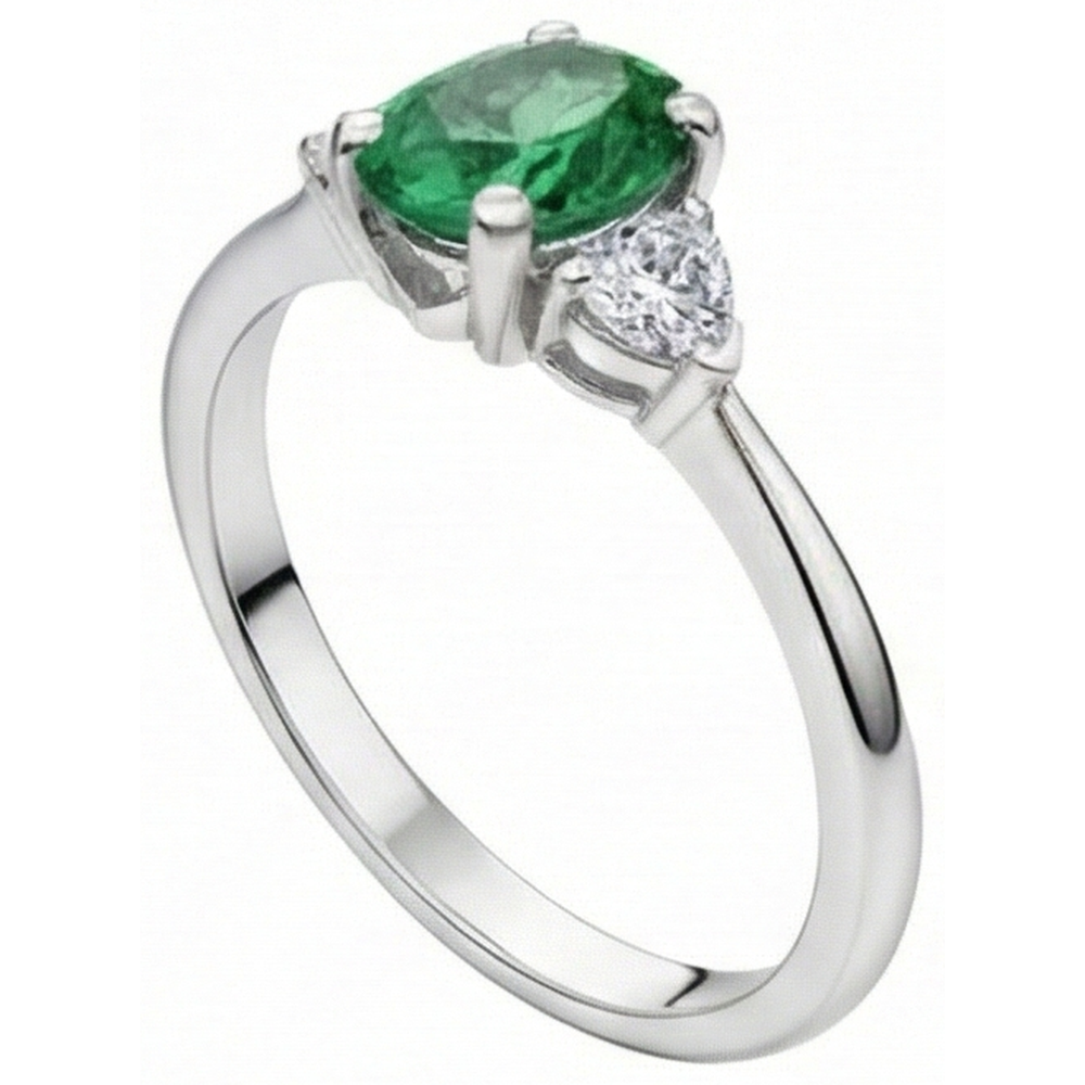 Anello in oro bianco 14 carati con tre pietre di Verde smeraldo e diamanti da 6 carati