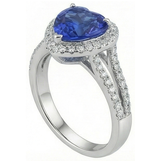 Anello in oro bianco 14 carati con zaffiro blu di Ceylon da 3.60 carati e diamante