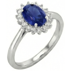 Anello in oro bianco 14 carati con zaffiro blu taglio ovale 2.50 carati e diamanti