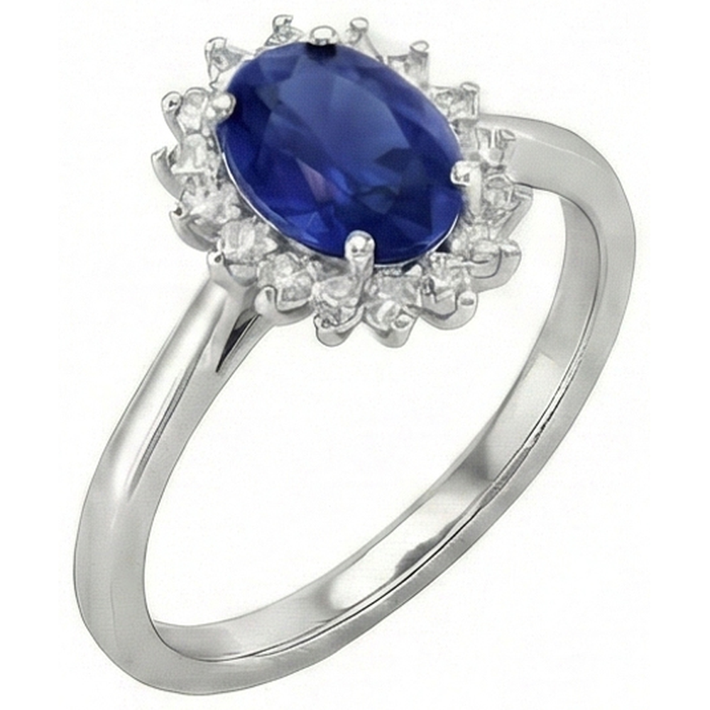 Anello in oro bianco 14 carati con zaffiro blu taglio ovale 2.50 carati e diamanti