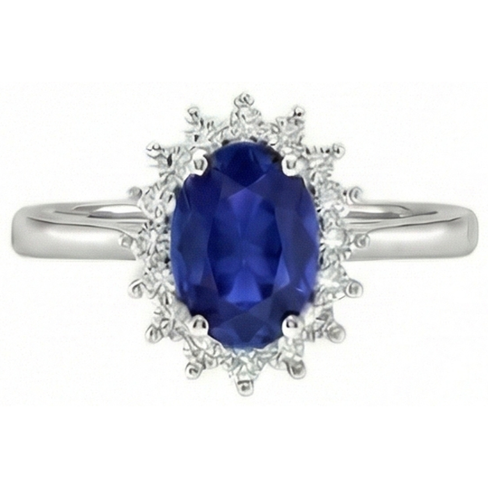 Anello in oro bianco 14 carati con zaffiro blu taglio ovale 2.50 carati e diamanti