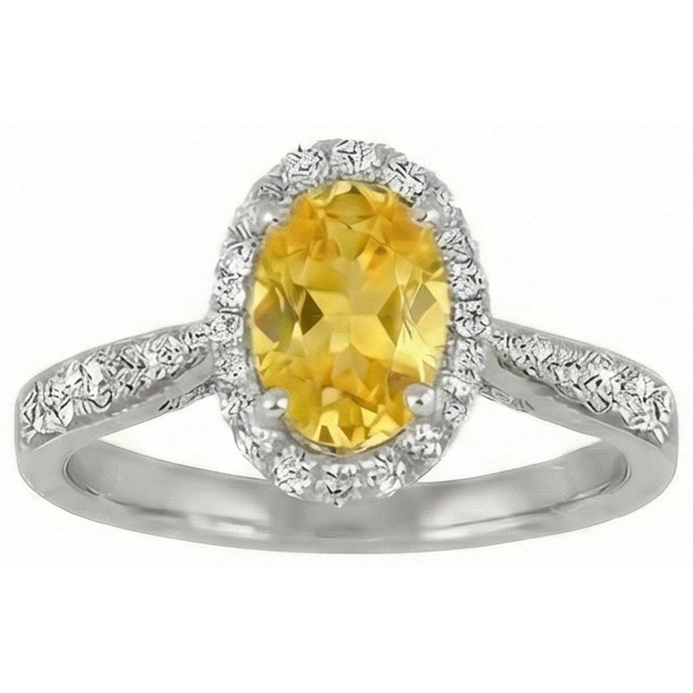 Anello in oro bianco 14 carati con zaffiro giallo ovale e diamanti rotondi da 4.50 ct