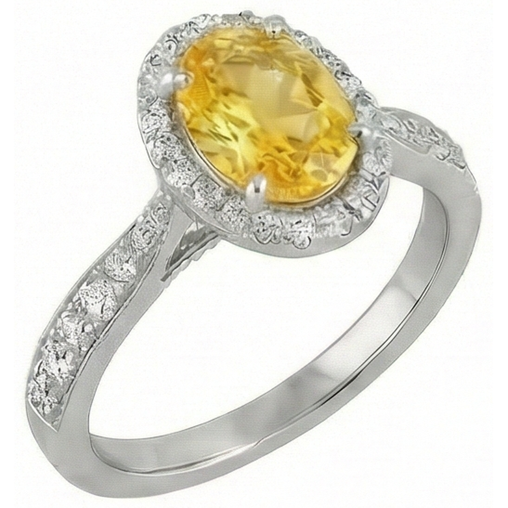 Anello in oro bianco 14 carati con zaffiro giallo ovale e diamanti rotondi da 4.50 ct