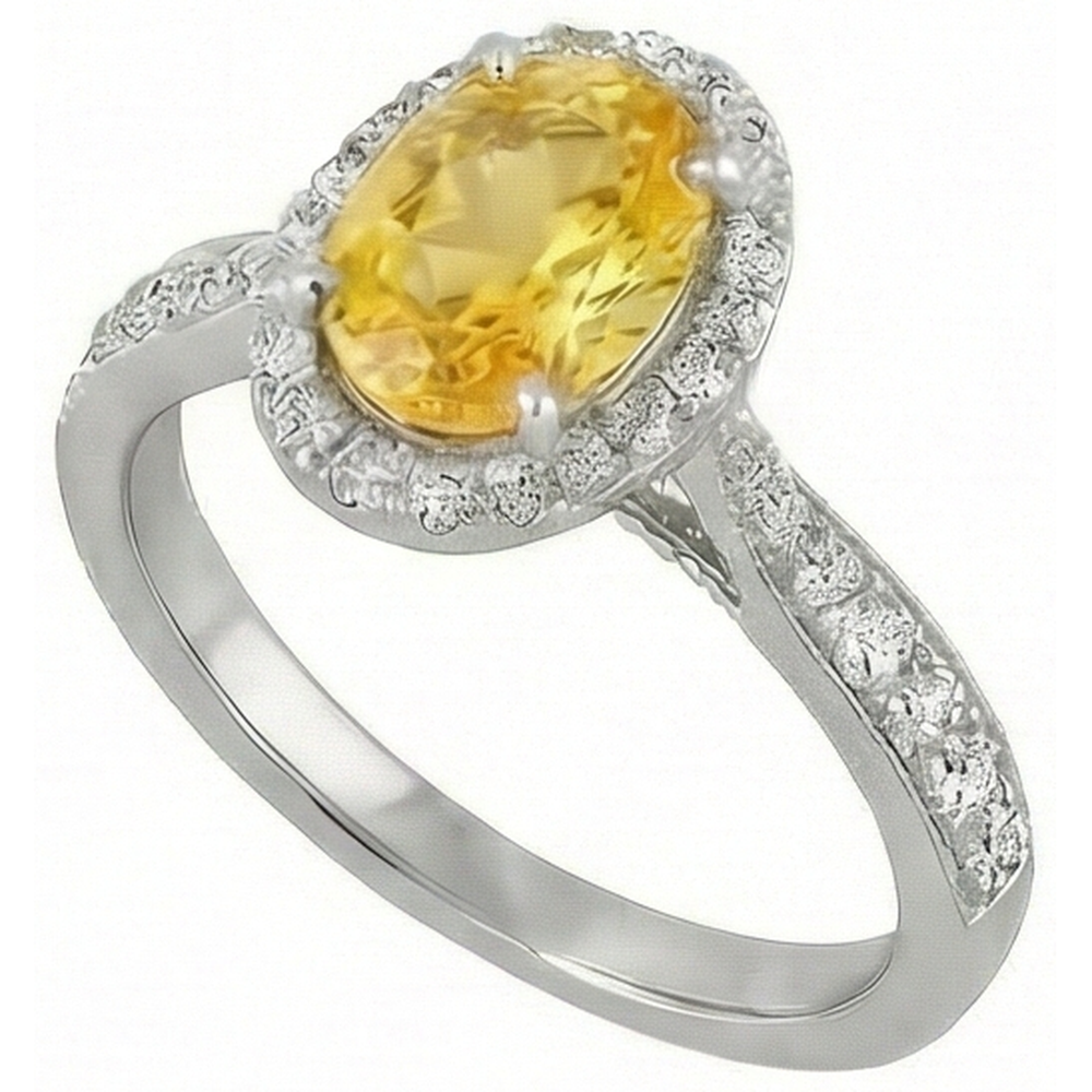 Anello in oro bianco 14 carati con zaffiro giallo ovale e diamanti rotondi da 4.50 ct