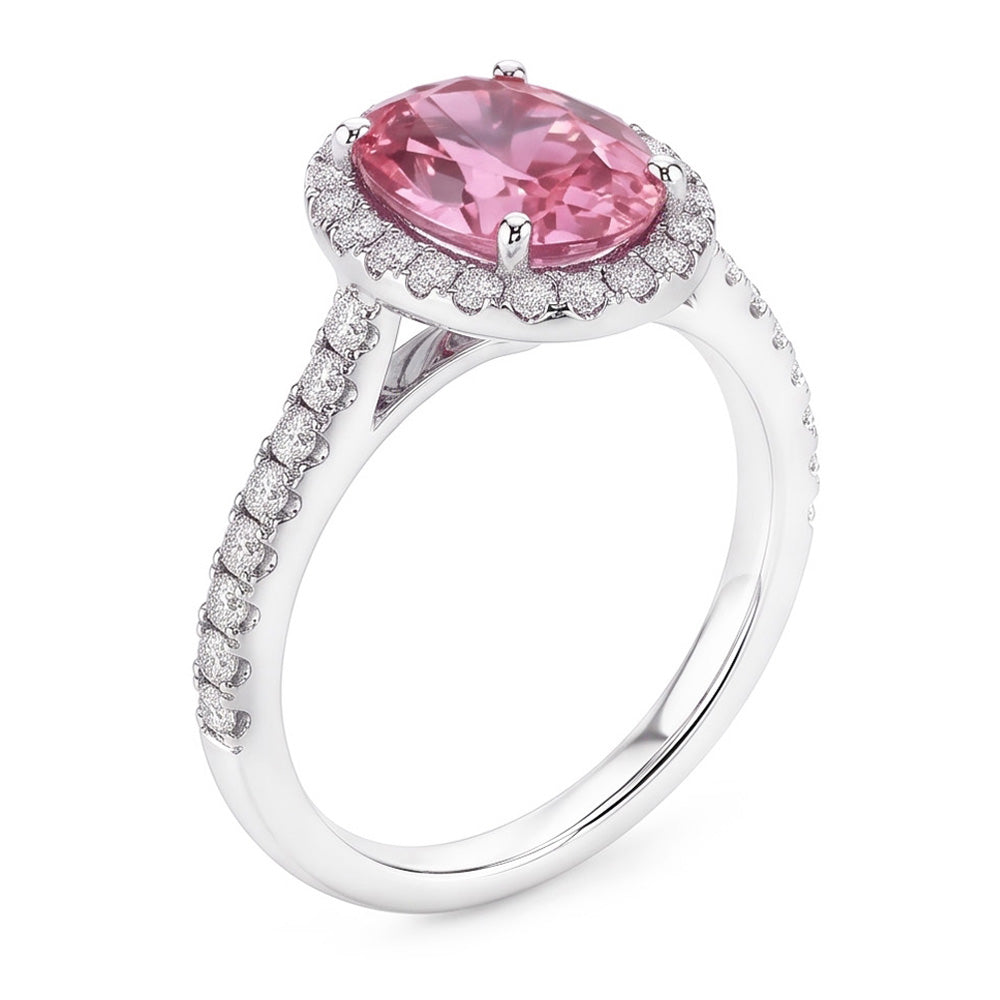 Anello in oro bianco 14 carati con zaffiro rosa taglio ovale e diamanti tondi da 2.25 ct