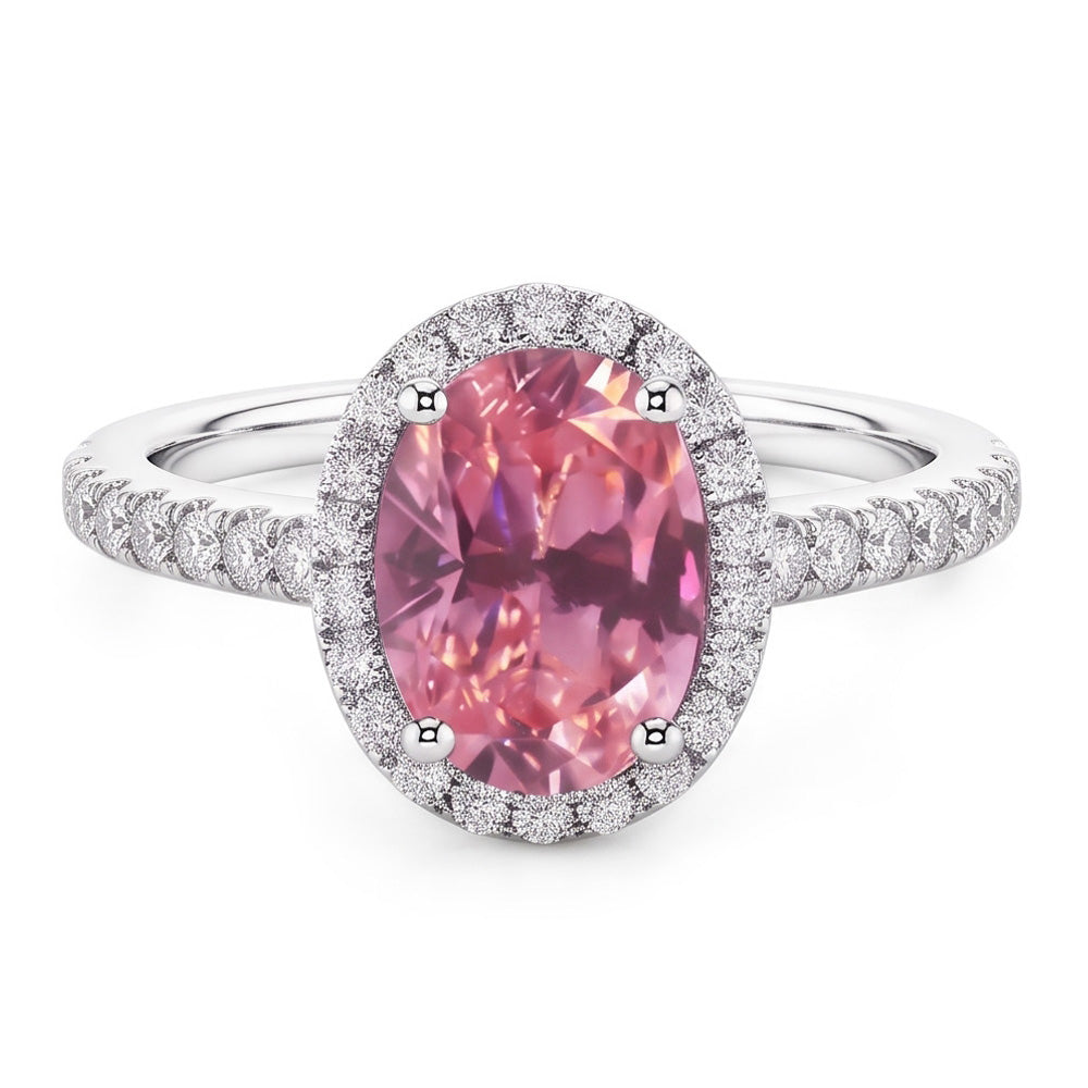 Anello in oro bianco 14 carati con zaffiro rosa taglio ovale e diamanti tondi da 2.25 ct