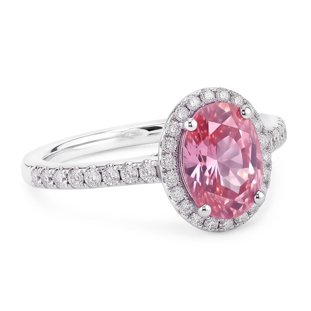 Anello in oro bianco 14 carati con zaffiro rosa taglio ovale e diamanti tondi da 2.25 ct