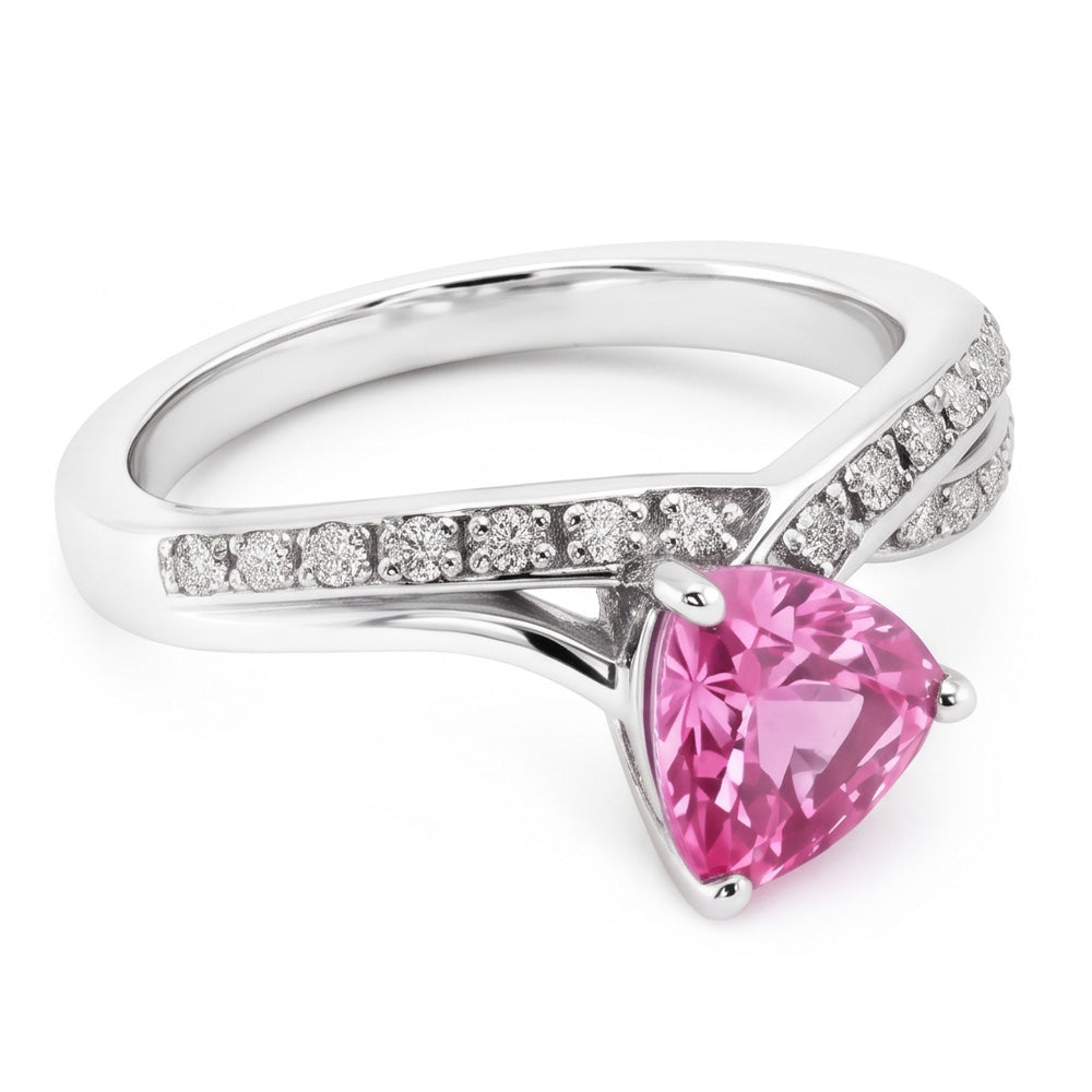 Anello in oro bianco 14 carati con zaffiro rosa taglio trilioni di 1.40 carati