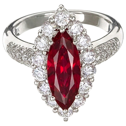 Anello in oro bianco 14 kt con rubini taglio marquise rosso da 10.50 ct con diamanti