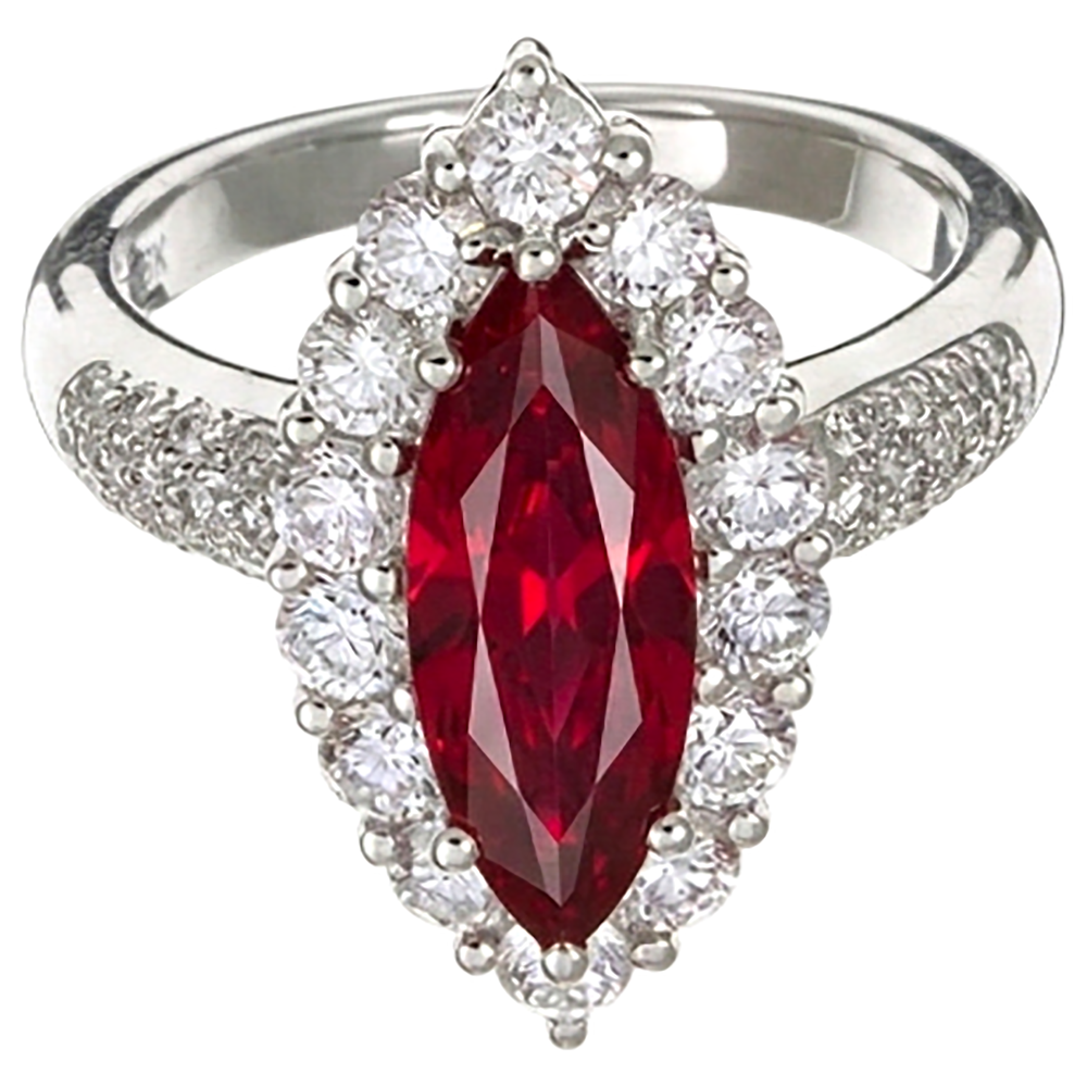 Anello in oro bianco 14 kt con rubini taglio marquise rosso da 10.50 ct con diamanti